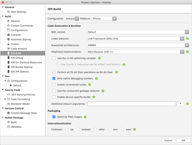 Configurações de compilação do iOS