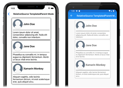 Captura de tela de uma vinculação relativa do modo TemplatedParent no iOS e Android