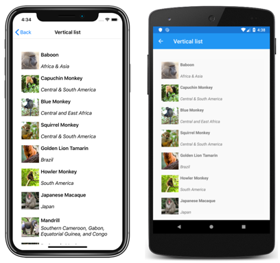 Captura de tela de um layout de lista vertical CollectionView, no iOS e Android