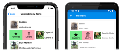 Captura de tela dos itens do menu de contexto CollectionView, no iOS e no Android