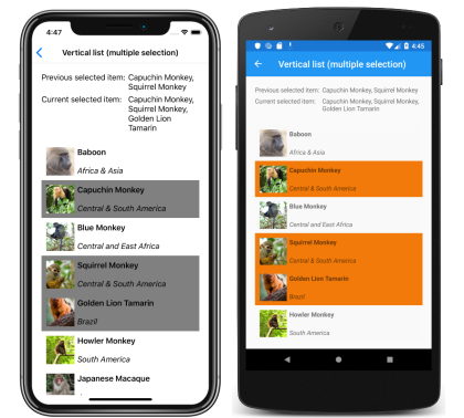 Captura de tela de uma lista vertical do CollectionView com seleção múltipla, no iOS e Android