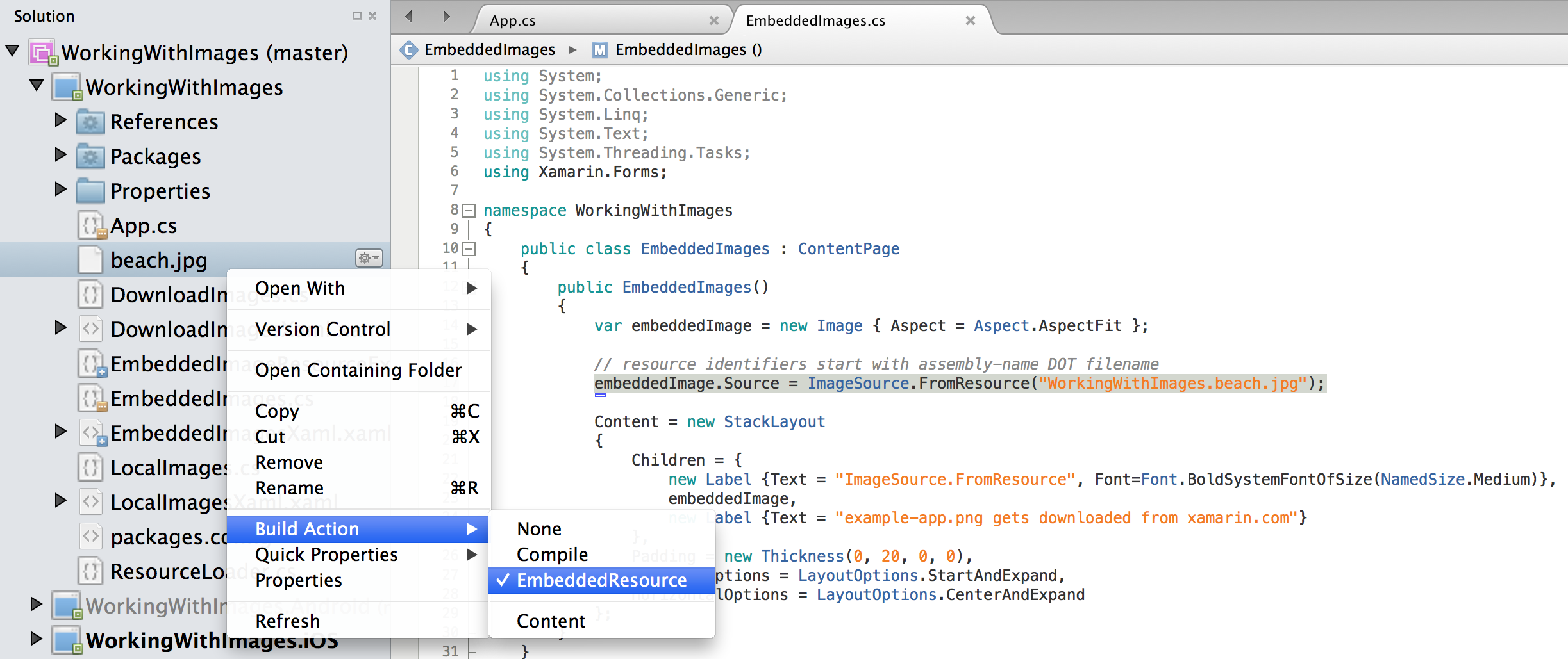 Definir ação de compilação: EmbeddedResource