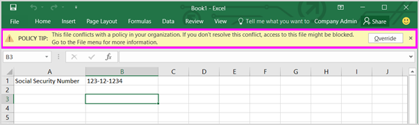 Barra de mensagem mostra a dica de política no Excel 2016