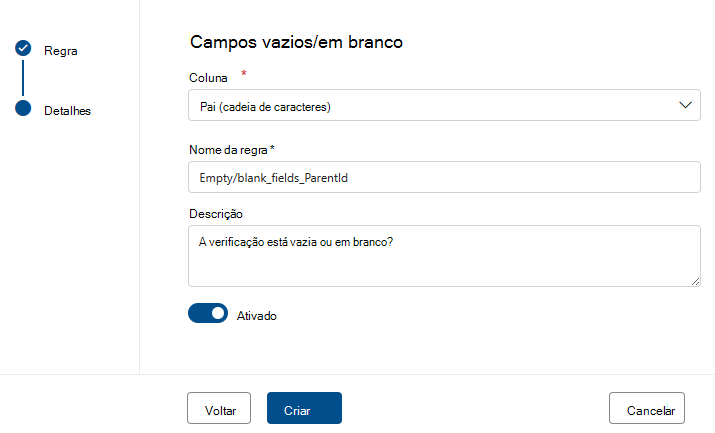 Screenshot of the menu to create an empty or blank field rule.