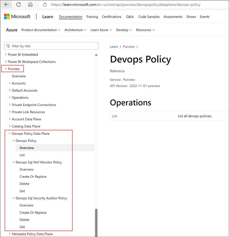 Captura de tela que mostra onde encontrar a API de DevOps no menu da API REST do Azure.