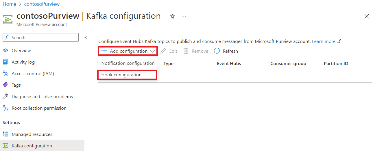 Captura de ecrã a mostrar a página de configuração do Kafka com a configuração adicionar configuração e hook realçada.