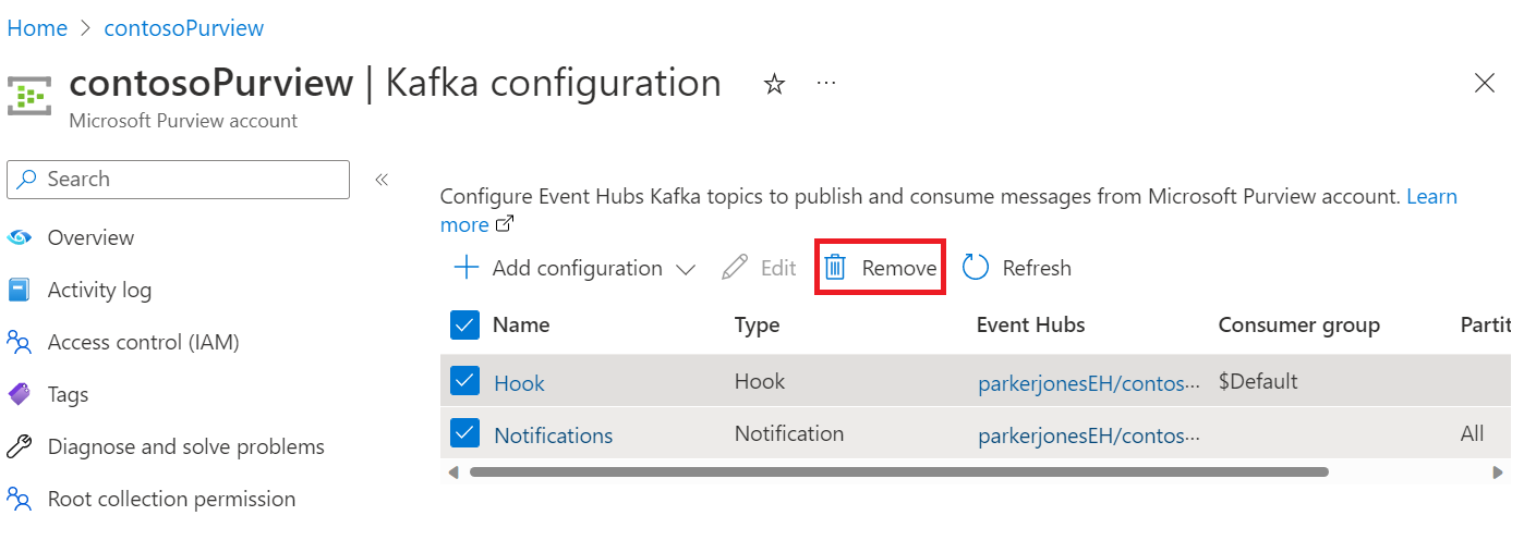 Captura de ecrã a mostrar a página de configuração do Kafka da página da conta do Microsoft Purview no portal do Azure com o botão remover realçado.