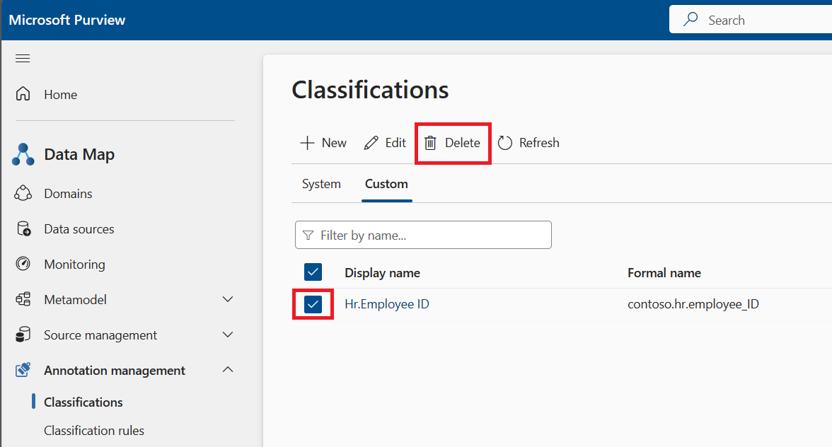 Captura de ecrã a mostrar a página de classificação personalizada, com uma classificação selecionada e o botão Eliminar realçado.