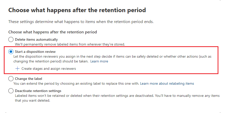 Definições de retenção para uma etiqueta que inclua a revisão da disposição.