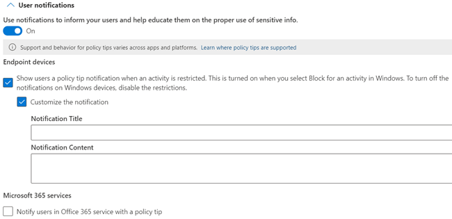 Opções de configuração de notificações e sugestões de política do utilizador disponíveis para Dispositivos