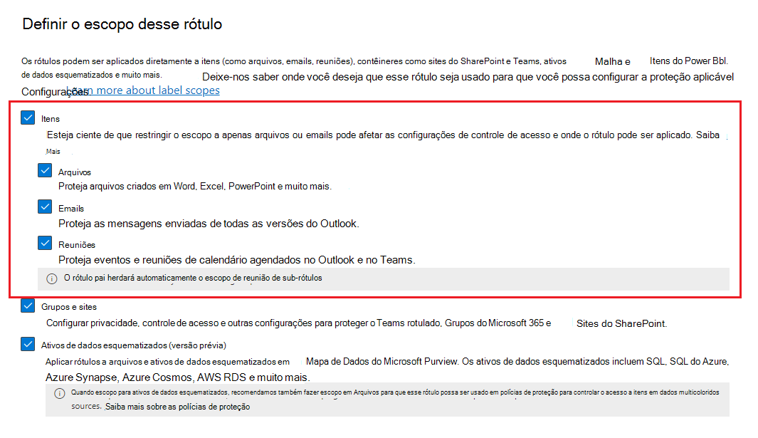 Opção de âmbito da etiqueta de confidencialidade Itens para controlo de acesso com base na encriptação.