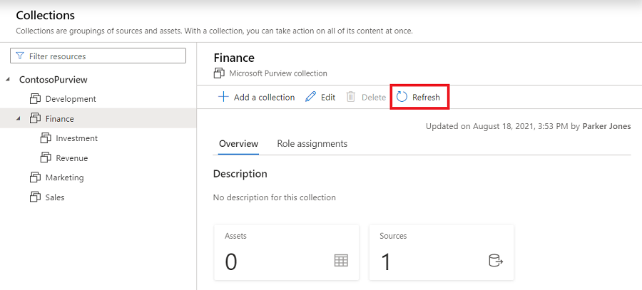 Captura de tela da janela de coleção do portal de governança do Microsoft Purview, com o botão de atualização na janela de coleção realçado.