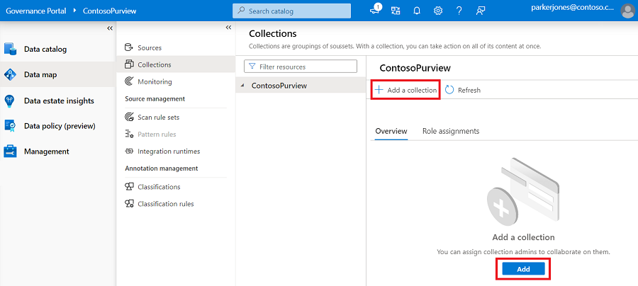 Captura de tela da janela do portal de governança do Microsoft Purview, mostrando a nova janela de coleção, com o botão 