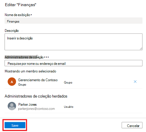 Captura de ecrã da janela do portal de governação do Microsoft Purview com a janela editar coleção aberta, uma descrição adicionada à coleção e o botão Guardar realçado.