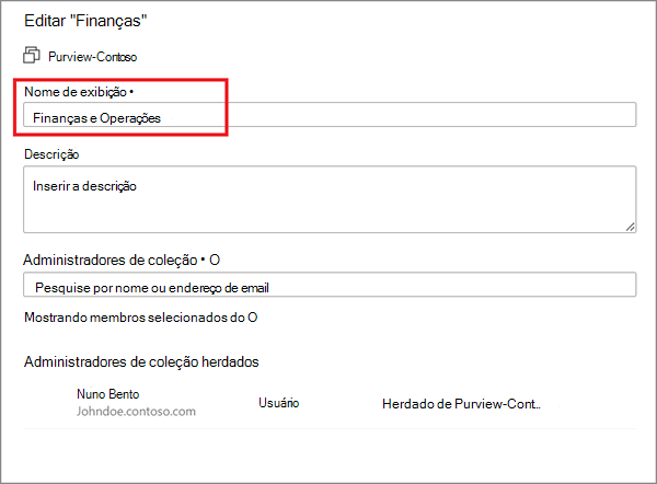 Captura de ecrã da janela do portal de governação do Microsoft Purview com a janela mudar o nome da coleção aberta.