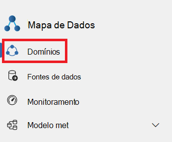 Captura de ecrã do menu Mapa de Dados do Microsoft Purview solução com Domínios selecionados.