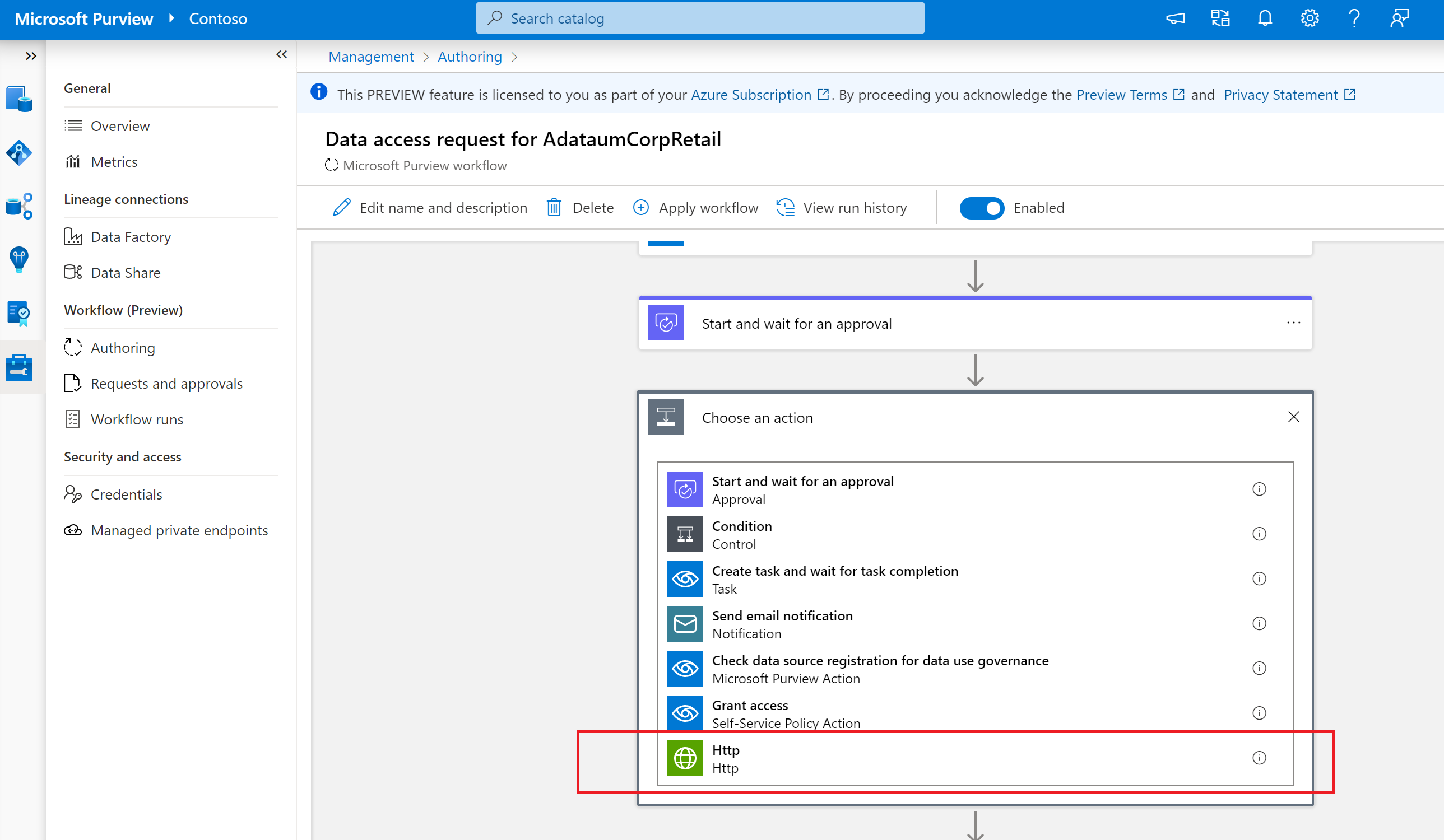 Captura de ecrã a mostrar como adicionar o conector HTTP.