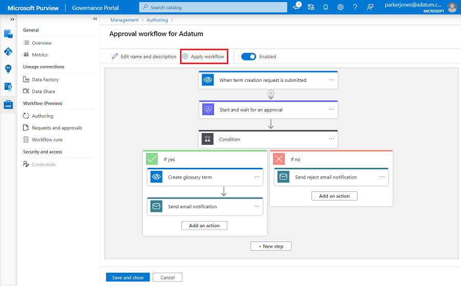 Captura de tela mostrando o novo menu de fluxo de trabalho do catálogo de dados com o botão Aplicar Fluxo de Trabalho realçado na parte superior do workspace.