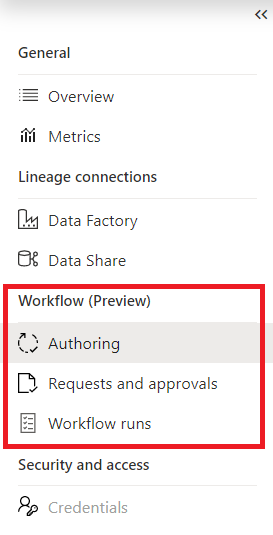 Captura de tela mostrando o menu esquerdo do centro de gerenciamento com a nova seção de fluxo de trabalho realçada.