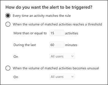 Configure a forma como os alertas são acionados, com base no momento em que a atividade ocorre, um limiar ou uma atividade invulgar para a sua organização.