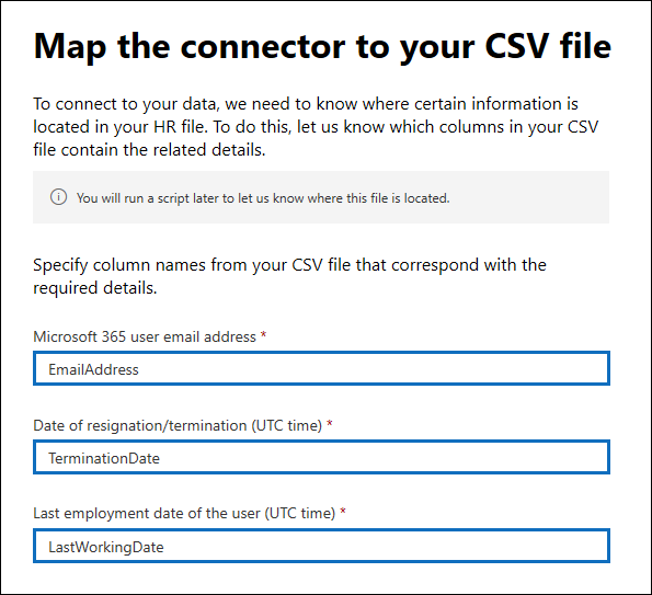 Os nomes dos cabeçalhos de coluna correspondem aos do ficheiro CSV.