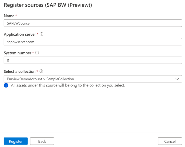 Captura de ecrã a mostrar o registo de uma origem do SAP BW.