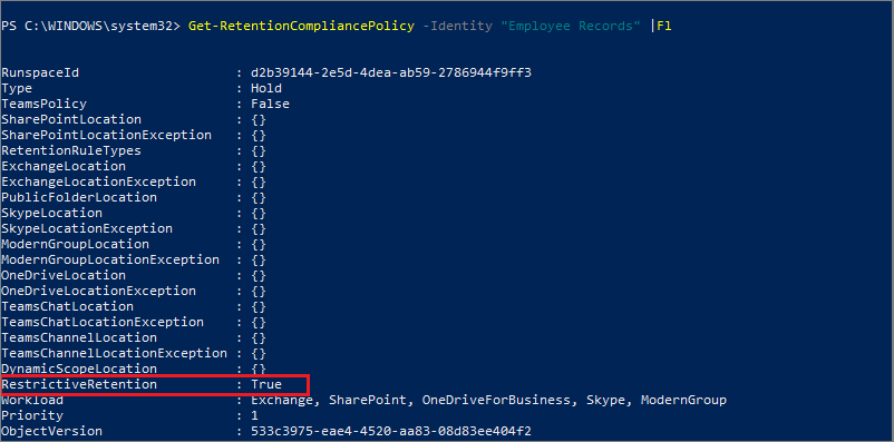 Política bloqueada com todos os parâmetros mostrados no PowerShell.