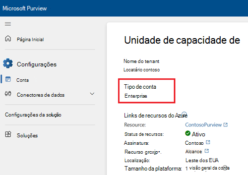 Captura de ecrã da página de definições no portal do Microsoft Purview.