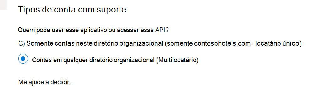 Captura de ecrã do tipo de conta que suporta multi-inquilino.