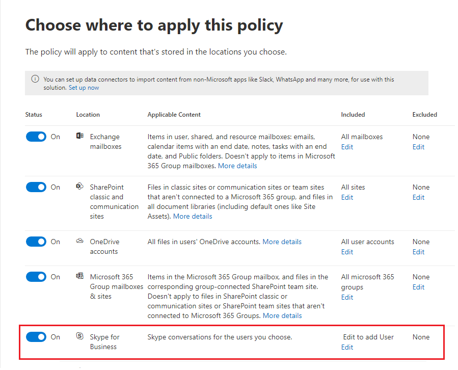 A localização da política de retenção Skype for Business requer a adição manual de utilizadores.