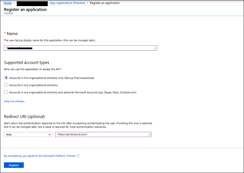 Escreva https://portal.azure.com para o URI de redirecionamento.