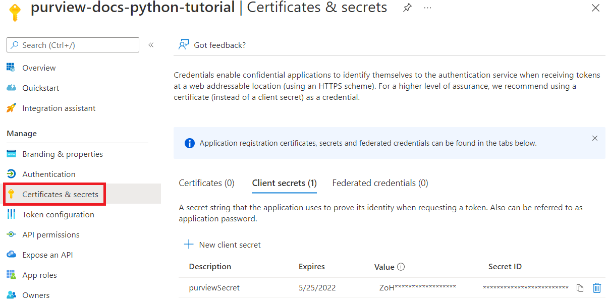 Captura de ecrã da página do principal de serviço no portal do Azure, com o separador Certificados & segredos selecionado, a mostrar os segredos e os certificados de cliente disponíveis.