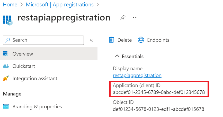 Captura de ecrã da página da aplicação no portal com o ID da Aplicação (cliente) realçado.