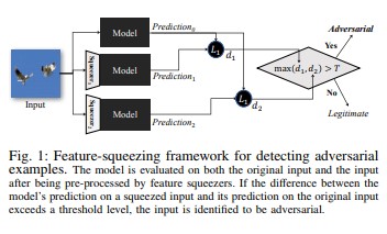 A diagram showing the flow of input through a feature-squeezing framework.