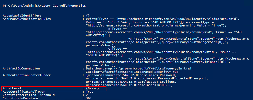 Exemplo de captura de tela do comando Get-AdfsProperties do PowerShell.