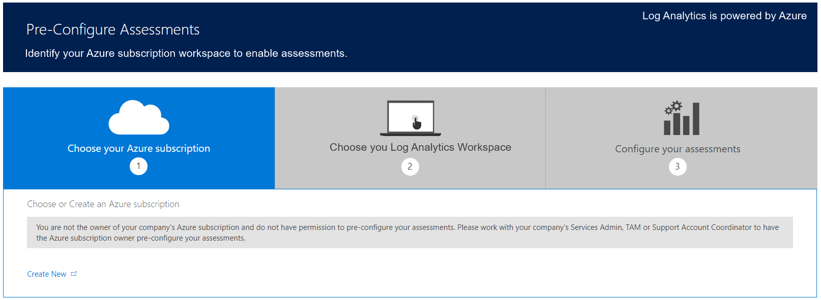 A mensagem de erro: Você não é o proprietário da assinatura do Azure de sua empresa e não tem permissão para pré-configurar suas avaliações.