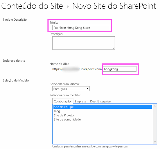 O formulário para a criação de um novo subsite do SharePoint com a 