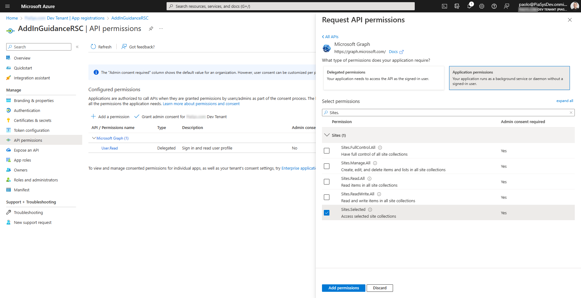 A interface do usuário de Microsoft Entra ao configurar a permissão de aplicativo Sites.Selected para um aplicativo por meio do Microsoft Graph.