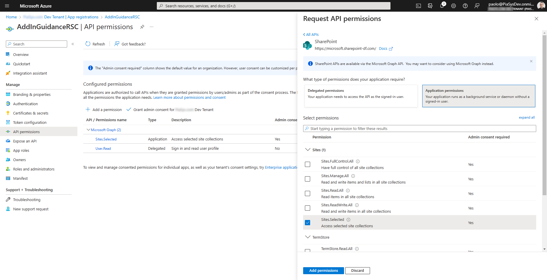 A interface do usuário do Microsoft Entra ao configurar a permissão de aplicativo Sites.Selected para um aplicativo por meio do SharePoint Online.