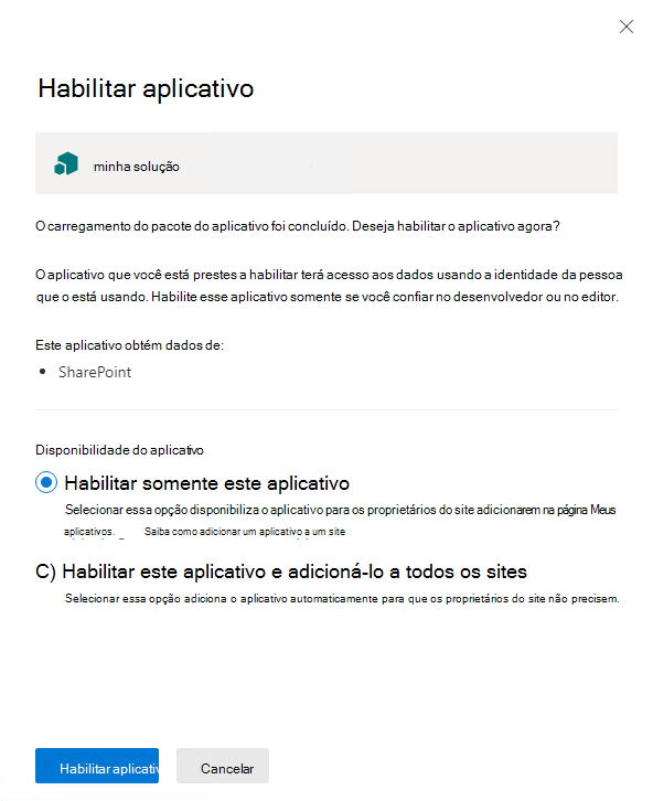 Pop-up de instalação do catálogo de aplicativos para a solução SPFx