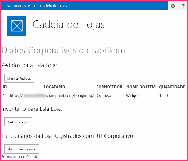 A página inicial com o controle de cromo na parte superior. Todos os textos e controles têm o estilo do SharePoint.