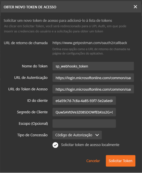 O Postman obterá um novo token de acesso