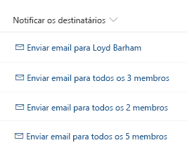 Lista de botões que notifica todos os destinatários de cada item, a primeira linha está vazia, na segunda linha está escrito 