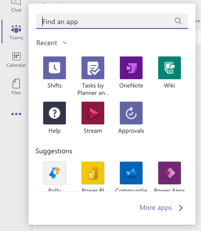 Mais aplicativos do Microsoft Teams