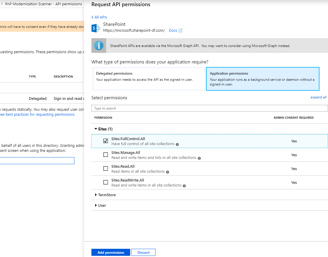 concedendo permissões ao aplicativo de anúncios do azure