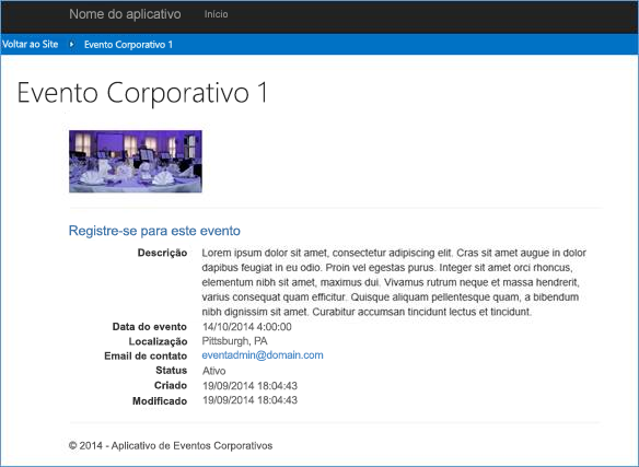 Captura de tela que mostra a interface do usuário do suplemento com tela de evento corporativo mostrando detalhes do evento