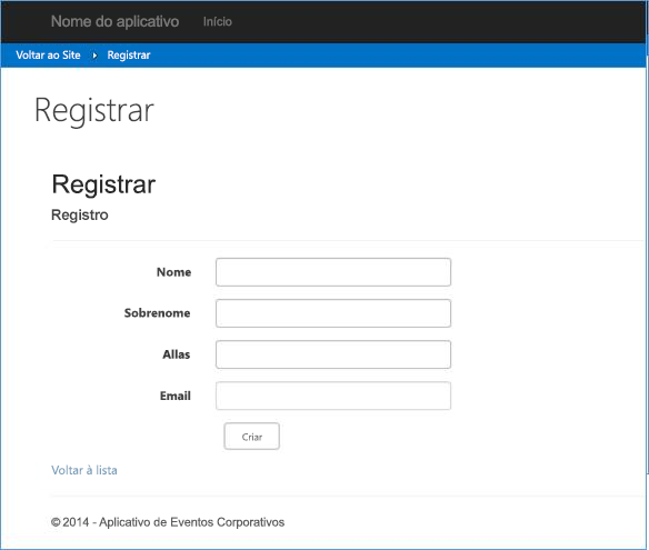 Captura de tela que mostra a tela de registro de evento do suplemento Eventos Corporativos