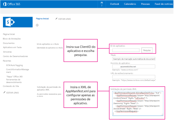 Captura de tela da página AppInv.aspx com as caixas ID do aplicativo e XML de Solicitação de Permissão destacadas