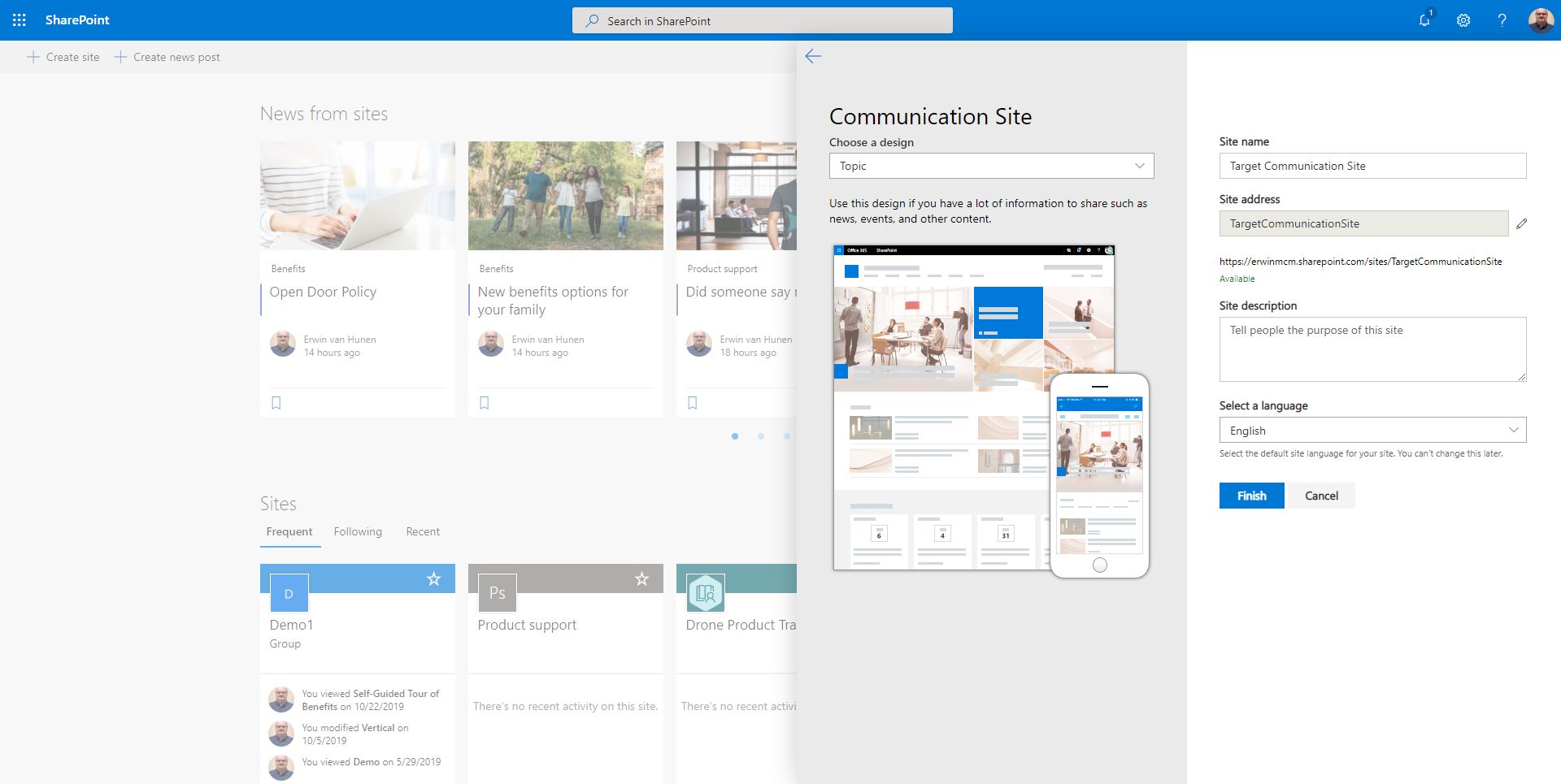 A página do SharePoint Online para a criação de um novo conjunto de sites