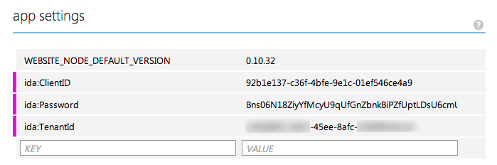 WEBSITE_NODE_DEFAULT_VERSION é 0.10.32, ida:ClientID é 92b1e137-c36f-4bfe-9e1c-01ef546ce4a9, ida:Password is Bns06N18ZiyYfMcyU9qUfGnZbnkBiPZfUptLDsU6cml, ida:TenantId é parcialmente redigido. Os números de centro do GUID são -45ee-8afc-.